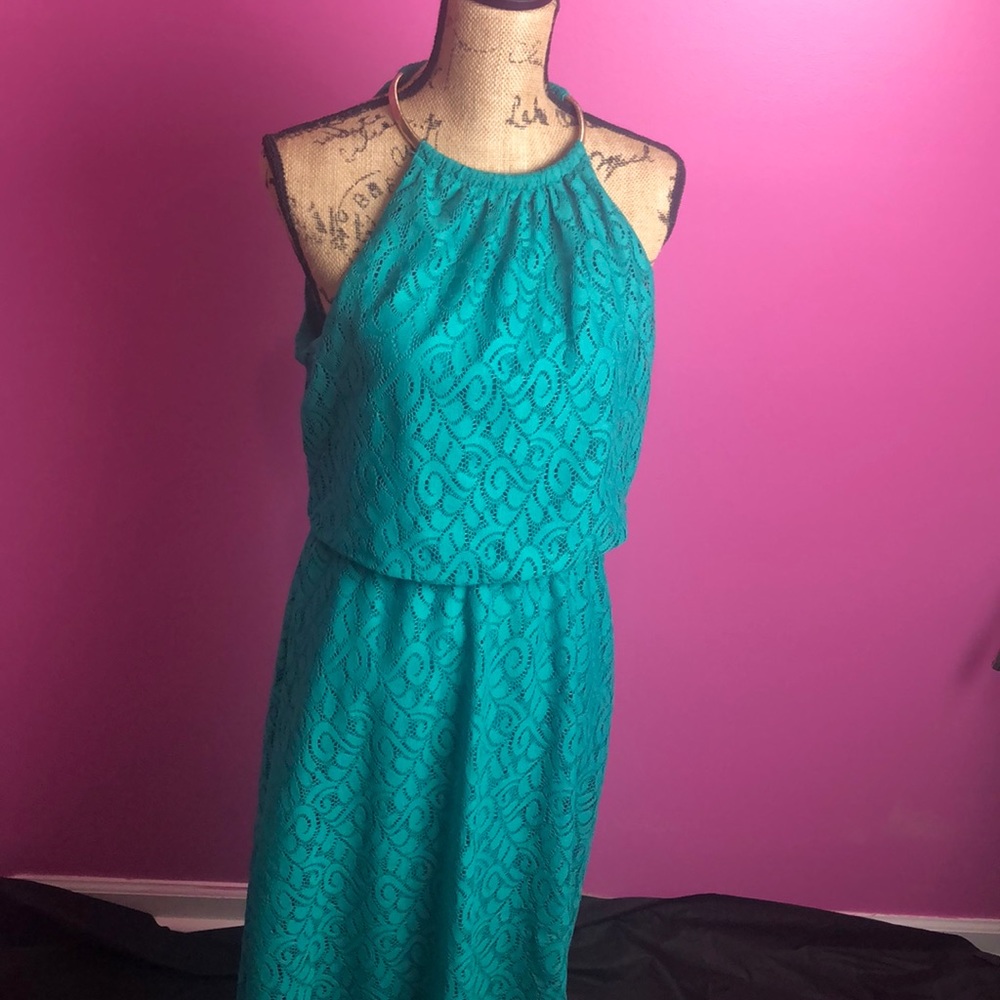 Bisou Bisou teal floor length halter dress - Picture 4 of 8